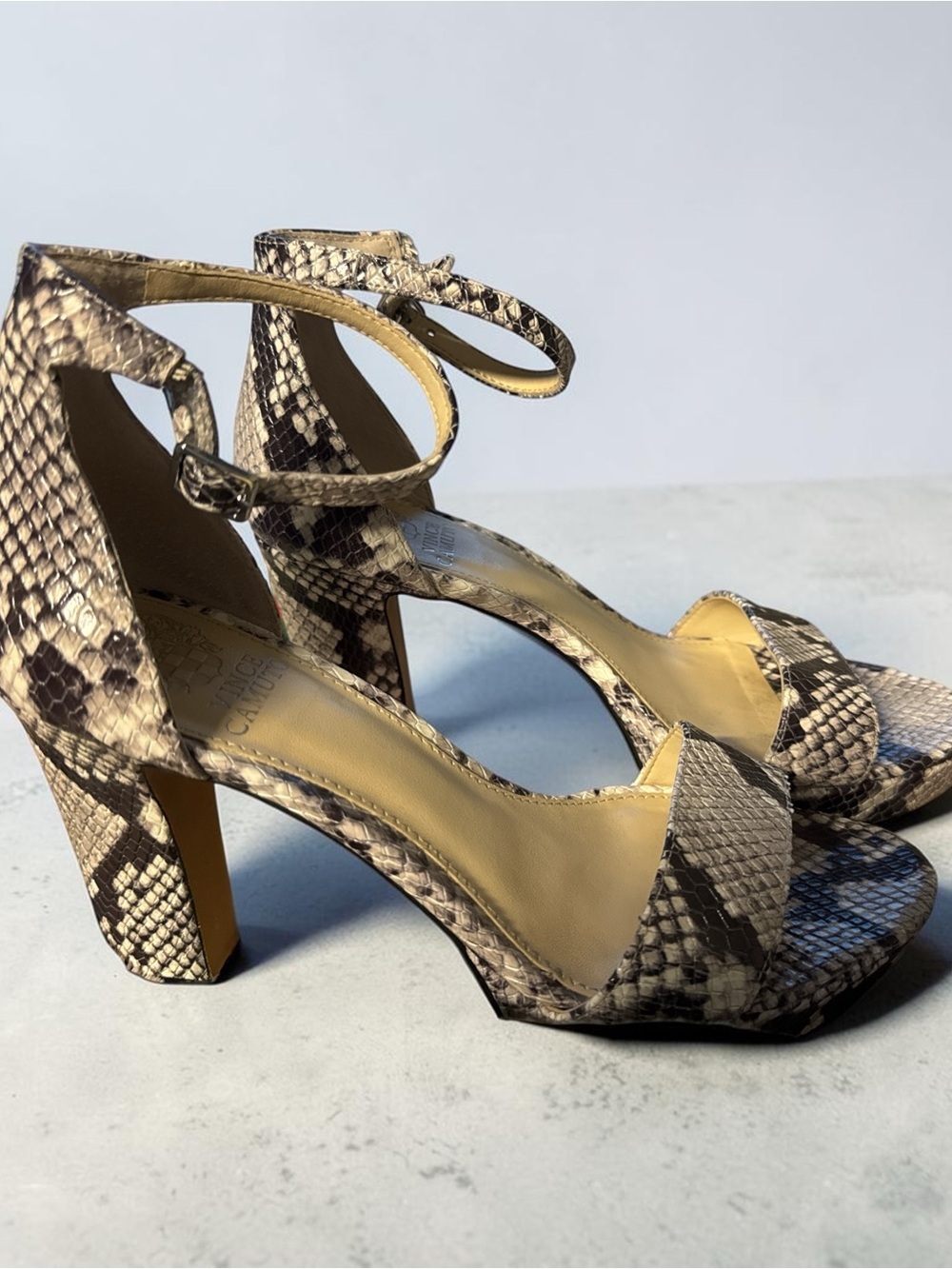 Vince Camuto Taupe and Black Snake-Print Ankle Strap Block Heels